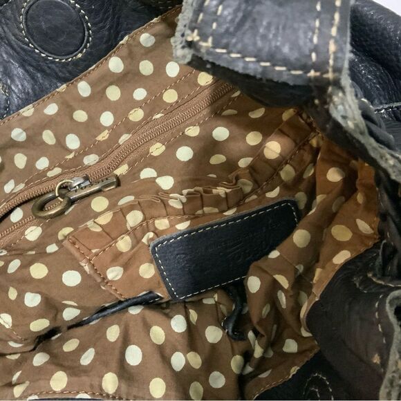 Fossil Black Leather Bucket Bag Braided Drawstring Shoulder Strap white stitches - Picture 11 of 16